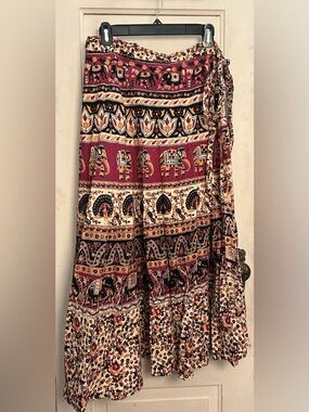 Funky People Wrap Skirt; Burgundy, Black & Cream Patterned, Cotton